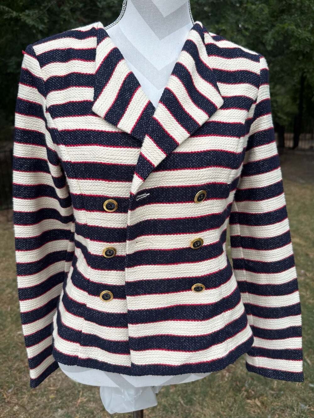 Cabi Blazer Size 2 Striped Navy White Red Double Breasted